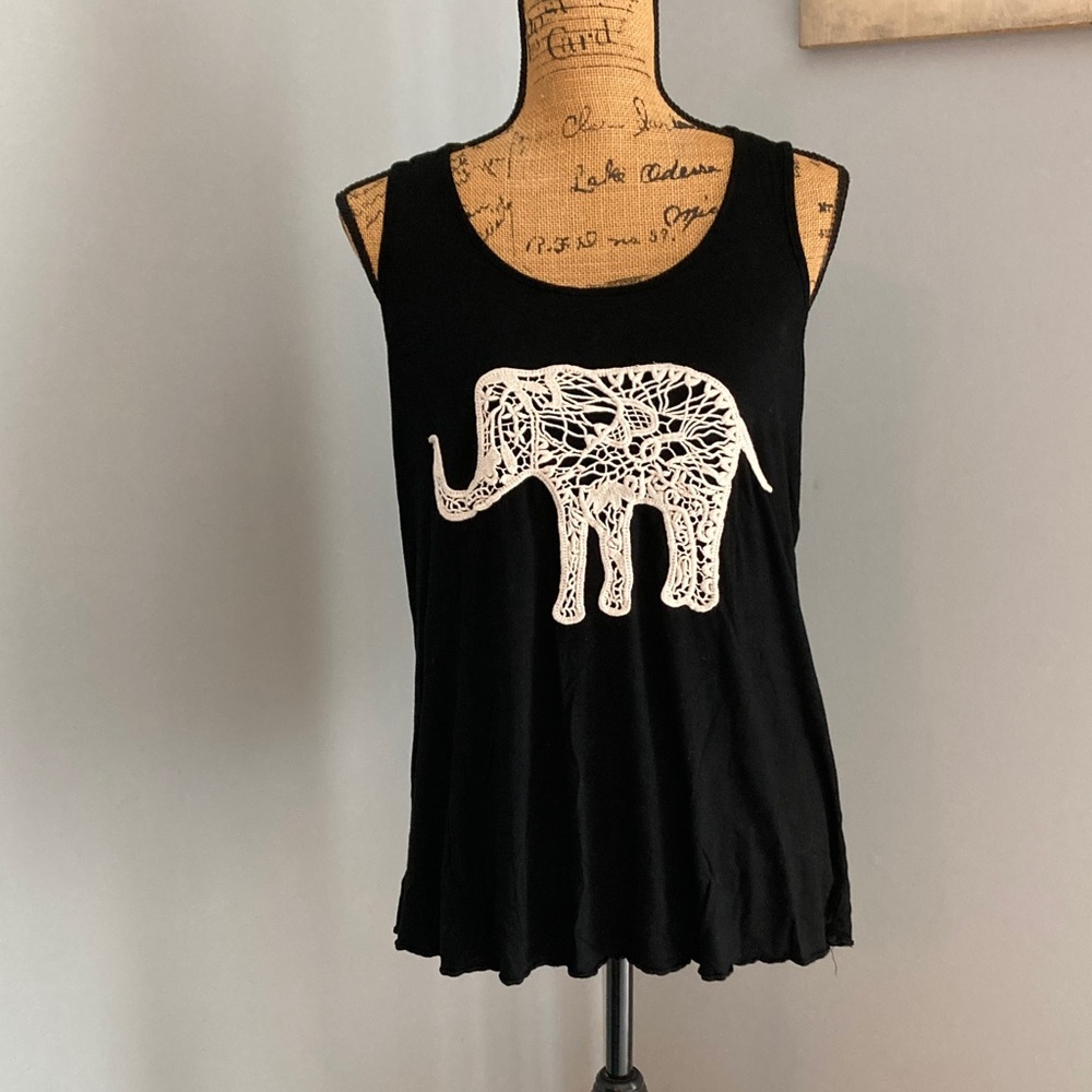 Cupio  Black Tank Top Women Size XL Embroidered Elephant